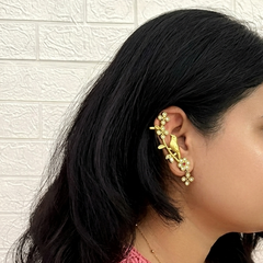 Gold-Plated Parrot and Floral Motif With Red Stone Accent Ear Cuff Earrings-Vriksham-G22889