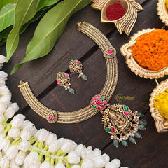 Vriksham Premium Lakshmi Pendant Jadau Addigai-Red Green-Pastel Green Bead-G21286