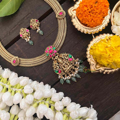 Vriksham Premium Lakshmi Pendant Jadau Addigai-Red Green-Pastel Green Bead-G21286