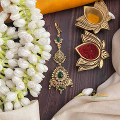 Vriksham Tilak Shape Green Stone 1 gm Gold Maang Tikka-G20337