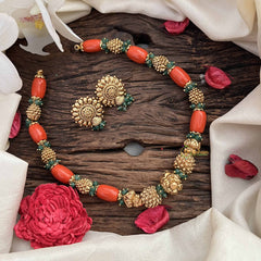 Vriksham Sharvani Temple Elegance With Coral & Emerald Accents Bead necklace-G20641