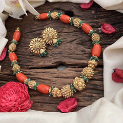 Vriksham Sharvani Temple Elegance With Coral & Emerald Accents Bead necklace-G20641