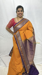 Vriksham Majestic Mustard Yellow With Purple Zari Border Kanchi Silk Saree-VS4788