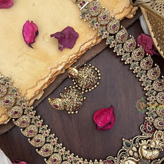 Vriksham Dual Peacock Maanga Long Neckpiece-Red Green-Gold Bead-G17873