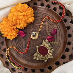 Vriksham Rakshabandhan Kundan Jadau Golden Half Moon With Flower Pendant Rakhi-Green White-G18962