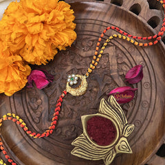 Vriksham Rakshabandhan Kundan Jadau Golden Half Moon With Flower Pendant Rakhi-Green White-G18962