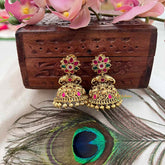 Vriksham Classic Gold Temple Floral Jhumkas Earrings-Red-Gold Bead-G21433