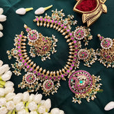Peacock Pendant Guttpusalu Short Necklace-Rice Pearls-Vriksham-G22635