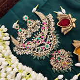 Traditional White Kundan Jadau Peacock Double Pendant Hasli Short Necklace-Green Onyx Beads-Vriksham-J4337