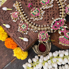 Vriksham Antique Nakshi Garudbenda Kundan Jadau Guttapusalu Short Neckpiece-Rice Pearls-J4114