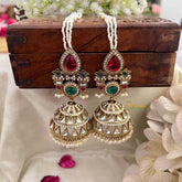 Vriksham Devika Kundan Red & Green Stone Tops With Pearl Strings & Mirror Dome Jhumka With Earchain-G20162