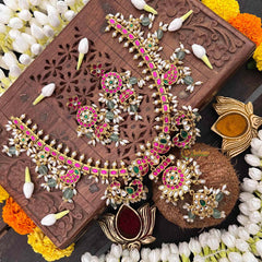 Vriksham Antique Floral Gold With Mango Motifs & Pearl Kundan Jadau Guttapusalu Short Neckpiece-Green Bead & Rice Pearls-J4112