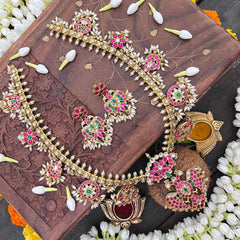 Vriksham Antique Nakshi Garudbenda Kundan Jadau Guttapusalu Long Neckpiece-Rice Pearls-J4110