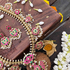 Vriksham Antique Nakshi Garudbenda Kundan Jadau Guttapusalu Long Neckpiece-Rice Pearls-J4110