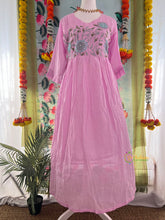Light Lavender Floral Embroidery Mini Checks Kotta Cotton Frock-VS5204