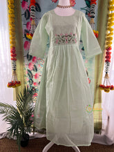 Mint Green Floral Thread Embroidery With Beadwork Mini Checks Kotta Cotton Frock-VS5205