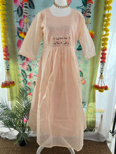 Pitch Color Floral Thread Embroidery With Beadwork Mini Checks Kotta Cotton Frock-VS5206