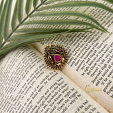Antique Gold Plated Big Statement With Red Kundan Stone Finger Ring-Vriksham G22640