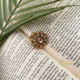 Gold Finished Flower Featuring Kundan Work Finger Ring-White-Vriksham-G22660