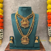 Double Layered Chain Nakshi Lakshmi Matt Gold Finish Bridal Set-Green Bead & Pearls-Vriksham-G22672