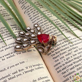 Peacock Feather AD Red Kundan Work Finger Ring-Vriksham-G22718