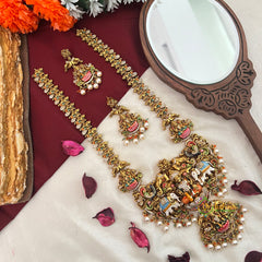 Dual Enamel Elephant Motifs & Gaj Lakshmi Temple Pendant Long Neckpiece-Pearls-Vriksham-G22791