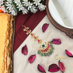 Half Moon With Floral Kundan Jadau Tikka-Green Bead & Pearls-Vriksham-J4344