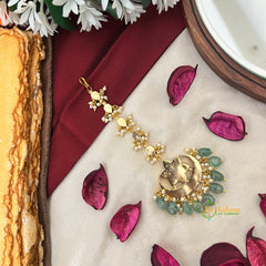 Half Moon With Floral Kundan Jadau Tikka-Green Bead & Pearls-Vriksham-J4344