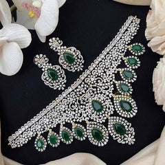Vriksham Radiant American Diamond V-Shape Choker with Emerald Teardrop Fringe Choker Neckpiec-G21547