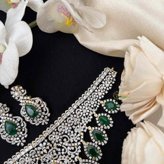 Vriksham Radiant American Diamond V-Shape Choker with Emerald Teardrop Fringe Choker Neckpiec-G21547