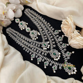 Vriksham Bridal Floral 3 Layer American Diamond Long Neckpiece-Green-Pearl-G20225