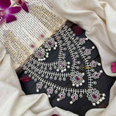 Vriksham Bridal Floral 3 Layer American Diamond Long Neckpiece-Red-Pearl-G20226