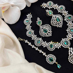 Vriksham Lavish Aqua Green Stone & American Diamond 3-Piece Set With Rectangular Statement Pendant Short Neckpiece-G21577