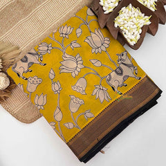 Vriksham Mustard Yellow Pichwai & Lotus Bloom Printed With Golden Zari Nizam Border Kalamkari Saree-VS4999