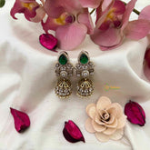 Vriksham Designer American Diamond With Green Pear-Cut Studs Jhumkas Earrings-Pearl-G22246