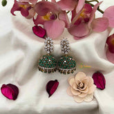 Vriksham Emerald Green & American Diamond With Floral Cluster Studs Jhumka Earrings-Pear Drop-G22248