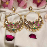 Vriksham Heritage Peacock Motif Oversized Chandbalis With Delicate Pearl Droplets Earrings-Green-G22262