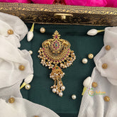 Dual Elephant Matte Gold Red Green Stone With & Jhumka Pearls Drop Jad Billai-Vriksham-G22790