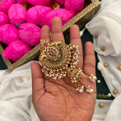Dual Elephant Matte Gold Red Green Stone With & Jhumka Pearls Drop Jad Billai-Vriksham-G22790