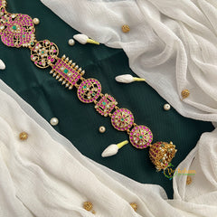 Dual Peacock Matte Gold Floral Long Jada Choti With Pink Stones & Jhumka Drop Jad Billai-Vriksham-G22785