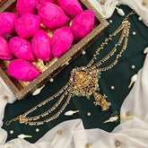 Double Lakshmi Matte Gold Floral With & Jhumka Drop Maatil Jad Billai-Green Bead & Pearls-Vriksham-G22787