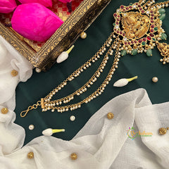 Double Lakshmi Matte Gold Floral With & Jhumka Drop Maatil Jad Billai-Green Bead & Pearls-Vriksham-G22787