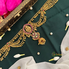 Round Lakshmi Matte Gold Red Stone Floral With & Jhumka Drop Maatil Jad Billai-Gold Bead-Vriksham-G22788