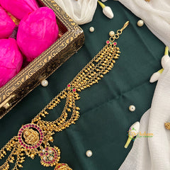 Round Lakshmi Matte Gold Red Stone Floral With & Jhumka Drop Maatil Jad Billai-Gold Bead-Vriksham-G22788