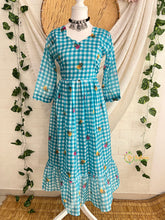 Aqua Green Gingham Check With Floral Rose Print Design Frock-Vriksham-VS5219