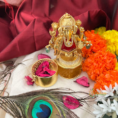 Exquisite Matte AD Stone Red Ganesh Ji With Round Handcrafted Kumkum Box-Vriksham-G22810
