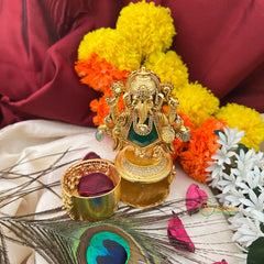 Exquisite Matte AD Stone Deep Green Ganesh Ji With Round Handcrafted Kumkum Box-Vriksham-G22811