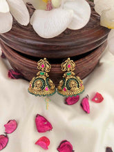 Vriksham Divine Lakshmi Nakshi Green Beads With Ruby & Emerald Kemp Stones Jhumka Earrings-Green Bead-G22333