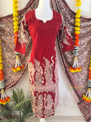 Dark Red With Elephant and Figurine Motifs Print Kalamkari Kurti-Vriksham-VS5238