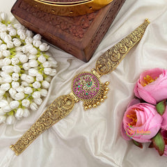 Mayura Motif Antique Gold Filigree With Peacock & Floral Pendant Hipbelt-Gold Bead-Vriksham-G22844